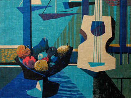 1960's colorful cubist fine art painting of a guitar and a bowl of fruit in front of a window with sailing boats in the background