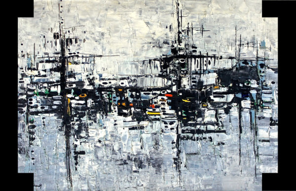Vintage Mid-Century Modern modernist abstract black and white with minimal color oil painting of ships in a harbor