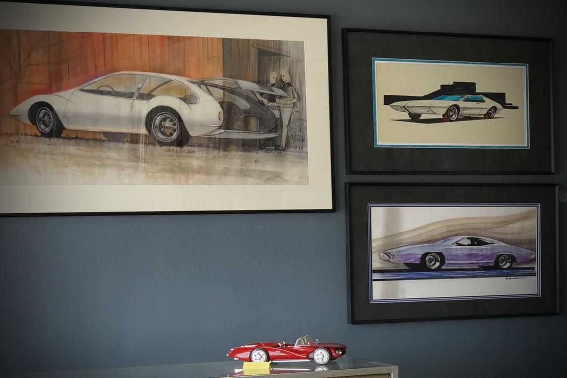 Retro, space age vintage automotive car watercolor rendering illustrations wall paintings