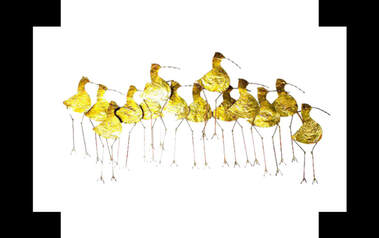 Mid-Century freestanding metal flock of gold birds sculpture display artwork